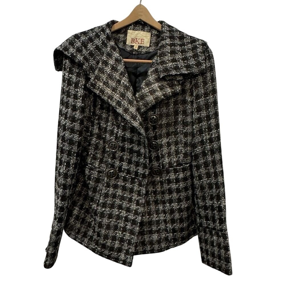 VTG Houndstooth Peacoat Womens M Double Breasted Wool Style Classic‎ Coat BKE